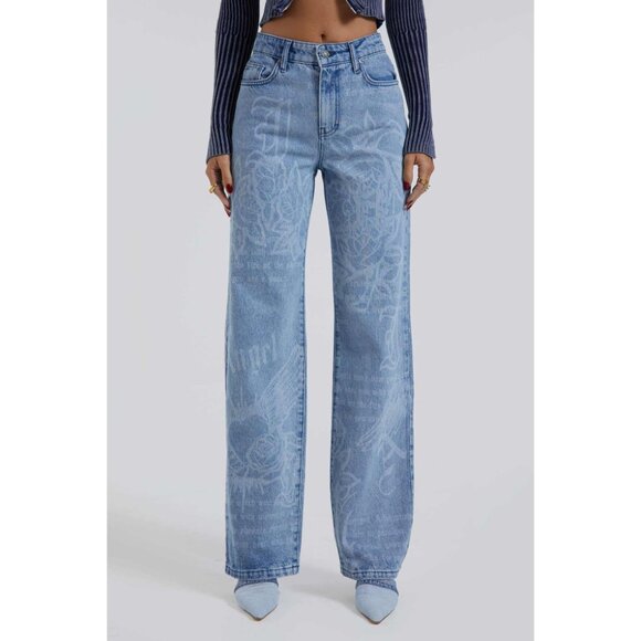 Jaded London Typo Boyfriend Jeans Womens W32 Slouchy Fit Graphic Streetwear FLAW - Picture 1 of 14